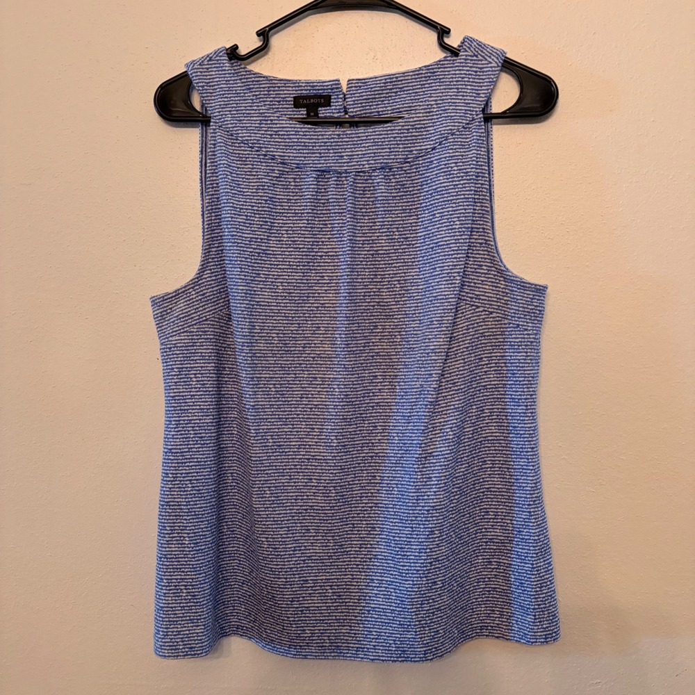 Talbots Sleeveless Top Womens Medium Blue White Textured Stripe Boatneck Top
